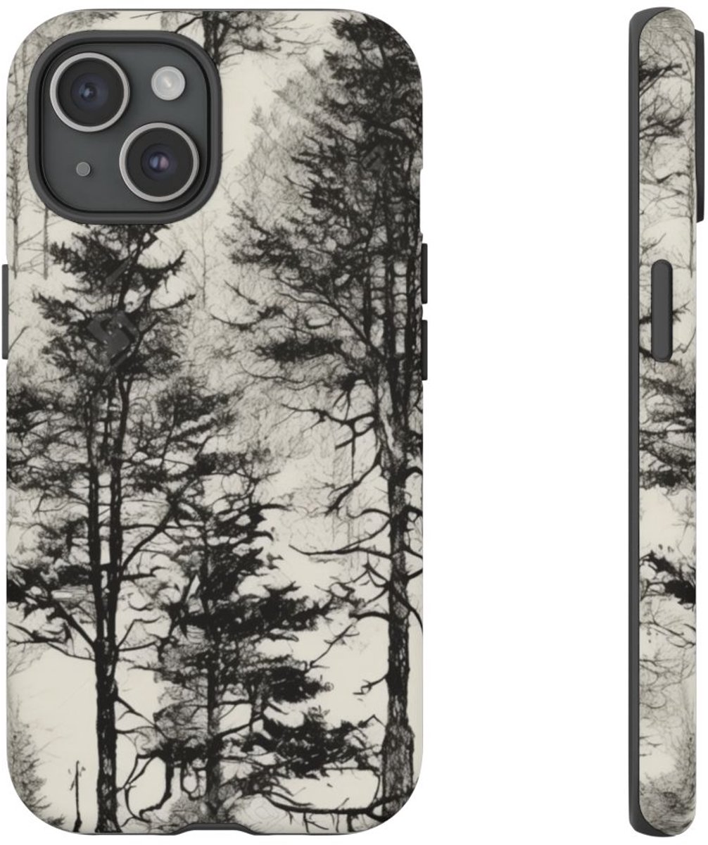 Zwart-Wit Boompatroon – Telefoonhoesje Geschikt voor iPhone 15