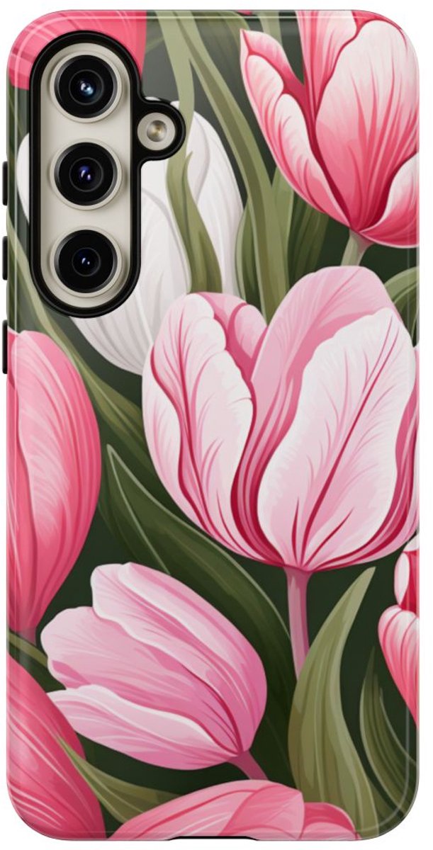 Roze en Witte Tulp Bloemenpatroon – Telefoonhoesje Geschikt voor Samsung Galaxy S24 Plus