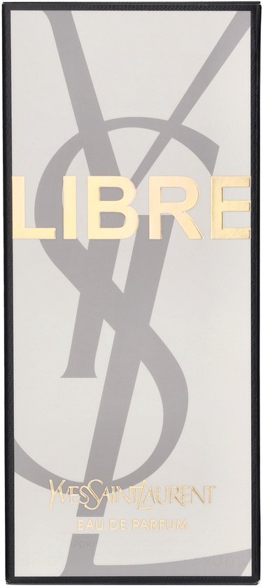 Doosje met 'LIBRE' in gouden letters en groot grijs YSL-logo op witte achtergrond.