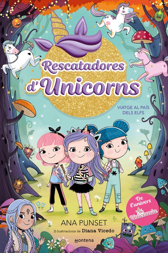 Boek 'Rescatadores d'Unicorns 8' met drie meisjes en zingende eenhoorns in een bos. Tekst: Viatge al país dels elfs.