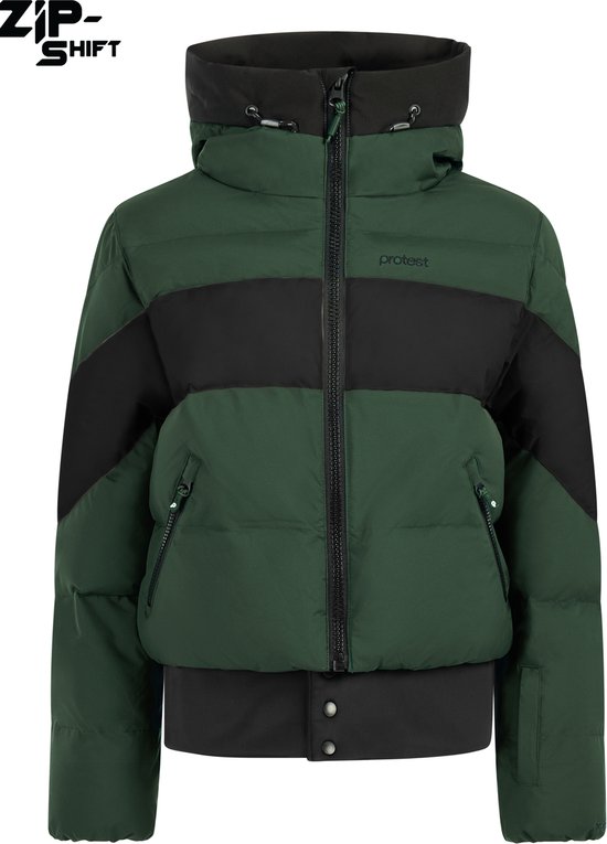 Groene pufferjas met zwarte banden en hoge kraag, met "ZIP-SHIFT" logo.