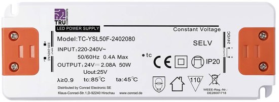 Transformateur LED TRU COMPONENTS TC-YSL50F-2402080 Tension constante 50 W 2,08 A V/ DC Convient pour les meubles, les surtensions