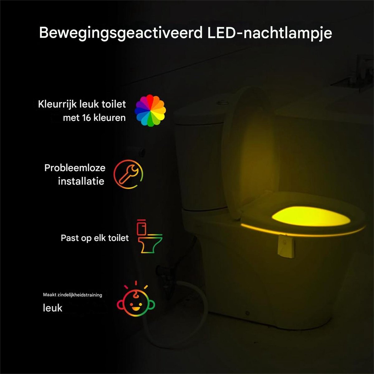 Ynkkvre-Toilet Nachtlampje met Bewegingssensor – WC Lamp met 16 Kleuren LED en Projector – Toiletverlichting, Grappig en Praktisch Cadeau – foto 7