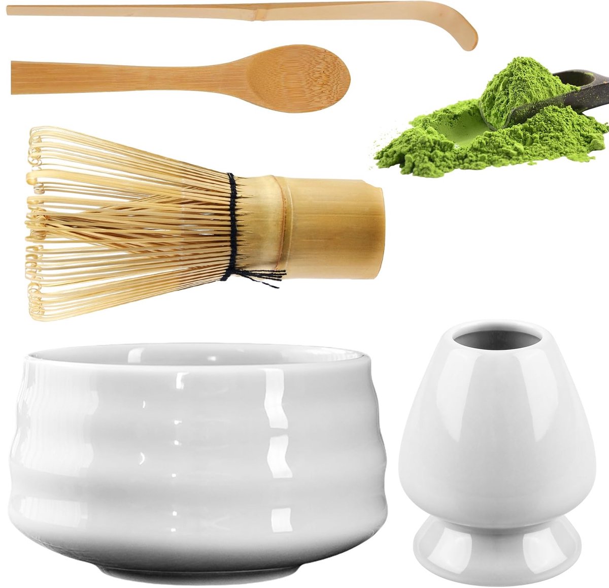 Ynkkvre - Matcha Theeset - Matcha Bezems Set met Matcha Klopper - Bezemhouder - Matcha Kom van Keramiek - 2 Theelepels - Japanse Accessoires voor Matcha Ceremonie - Perfecte Set voor Bereiding - Wit