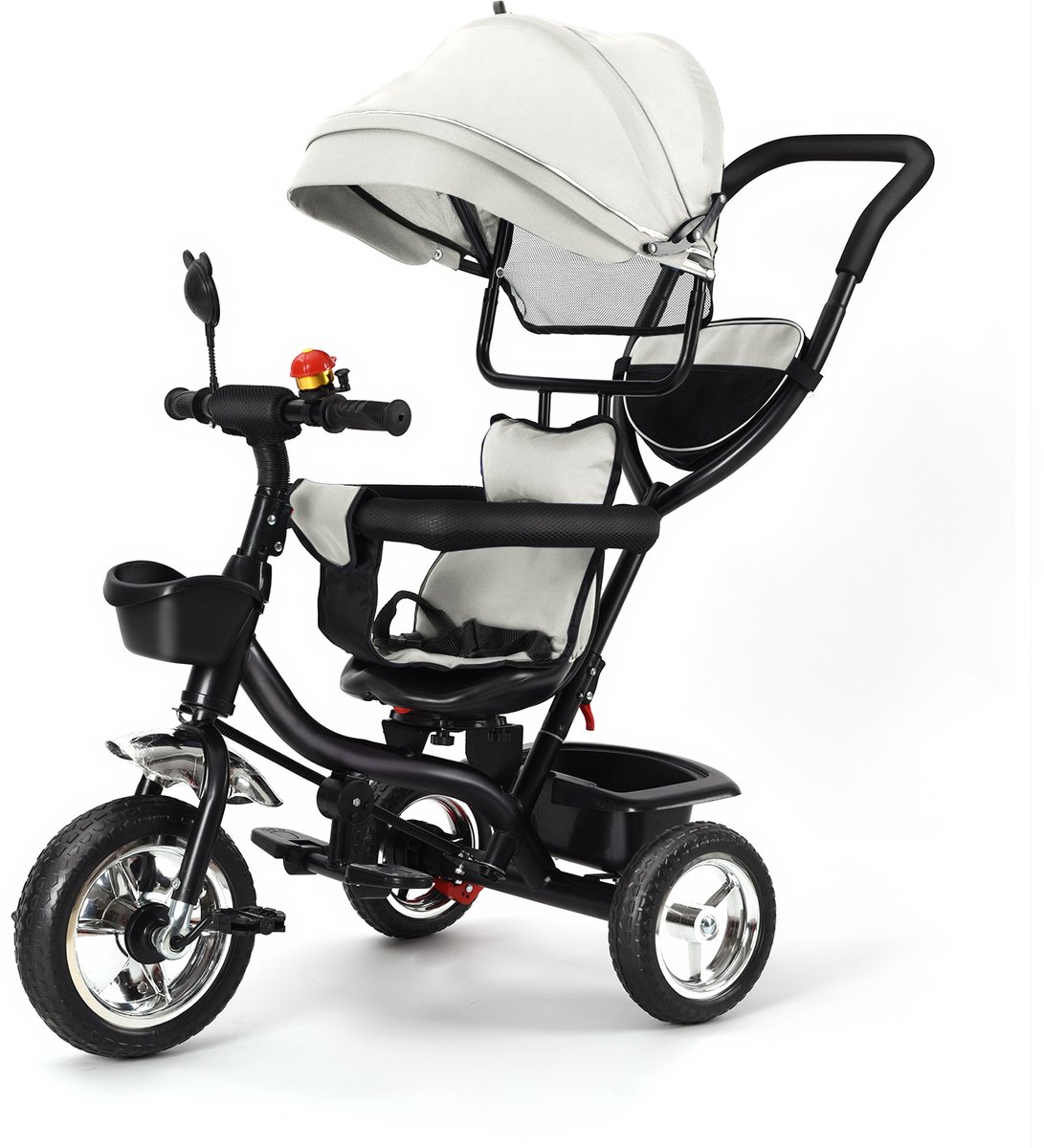 PIPIPOXER -Kinderdriewieler Driewieler met duwstang-360° draaibare zit-Met zonnescherm- Grijs