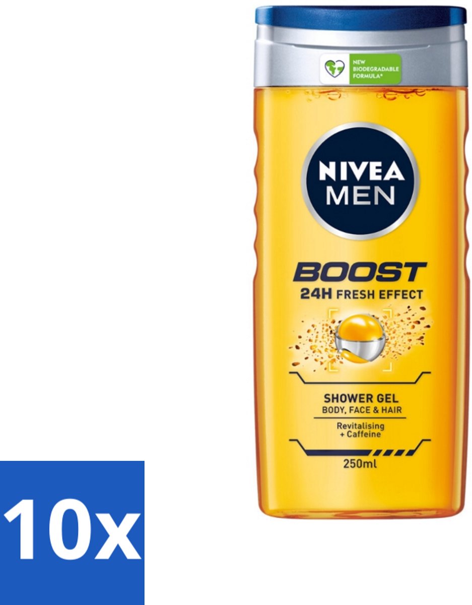 10 x NIVEA Men Boost Douchegel 250 ml - Douchegel - Cafeïne - Energieboost - Fris Effect - Verfrissend