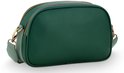 Zijaanzicht van een groene crossbody tas met gestreepte band en goudkleurige rits.