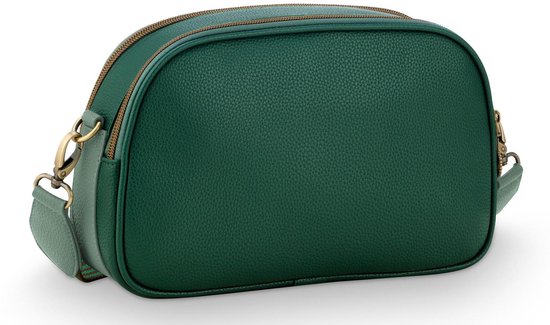 Zijaanzicht van een groene crossbody tas met gestreepte band en goudkleurige rits.