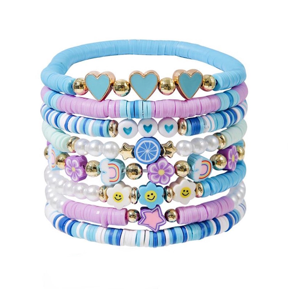 Hartje - Bloem Armbanden Set - Lila/Blauw | 8-delig | Polymeer Klei | Fashion Favorite