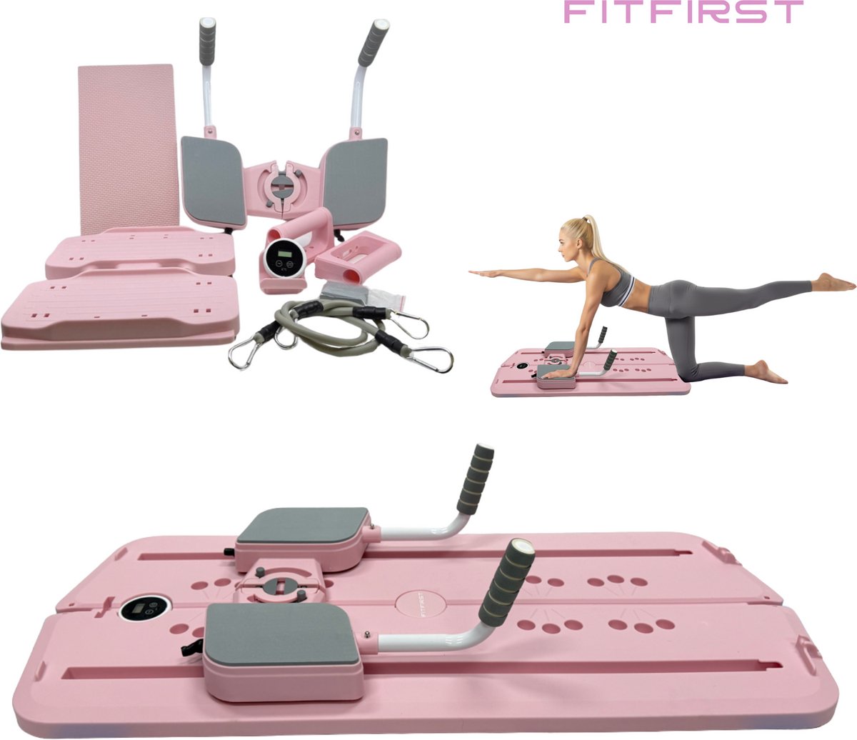 FitFirst Pilates Board | Complete Training in één board | Inclusief WeerstandsBanden & Core Glider | Roze