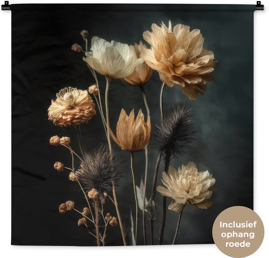 Wandkleed 90x90 cm - Wanddoek Boeket - Bloemen - Licht - Zwart - Wandtapijt - Wandkleden
