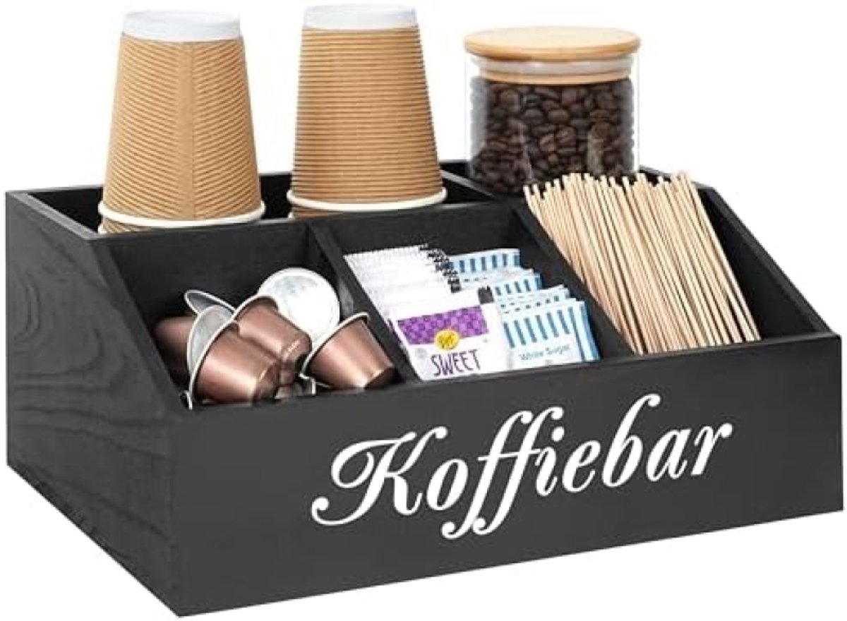 PromoHome Houten Koffie Station Organizer voor Werkblad - Multifunctionele Keuken en Kantoor Organizer voor Koffieaccessoires en Snack Essentials - Zwart