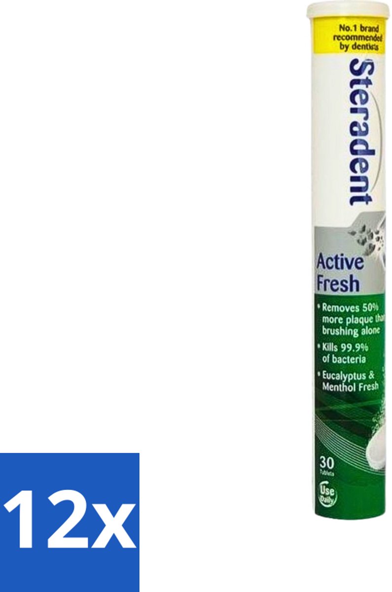 12 x Steradent - Reinigingstabletten - Active Fresh - Voor Kunstgebitten - 30 Tabletten - Kunstgebit Reinigen - Kunstgebit Reiniging - Kunstgebit Hygiëne - Kunstgebit Reinigingstablet - Kunstgebit Reinigen 3 Minuten