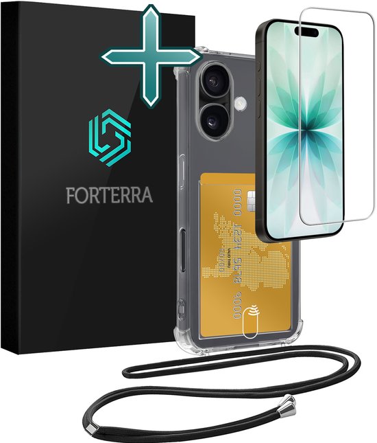 Étui Forterra pour iPhone 17, étui porte-cartes, étui en Siliconen avec cordon et protection d'écran - Étui pour iPhone 17 avec cordon, coque arrière avec porte-cartes - Transparent