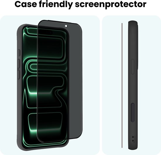 Een iPhone in een hoesje met een case-friendly screenprotector, en een zijaanzicht van de iPhone in het hoesje.