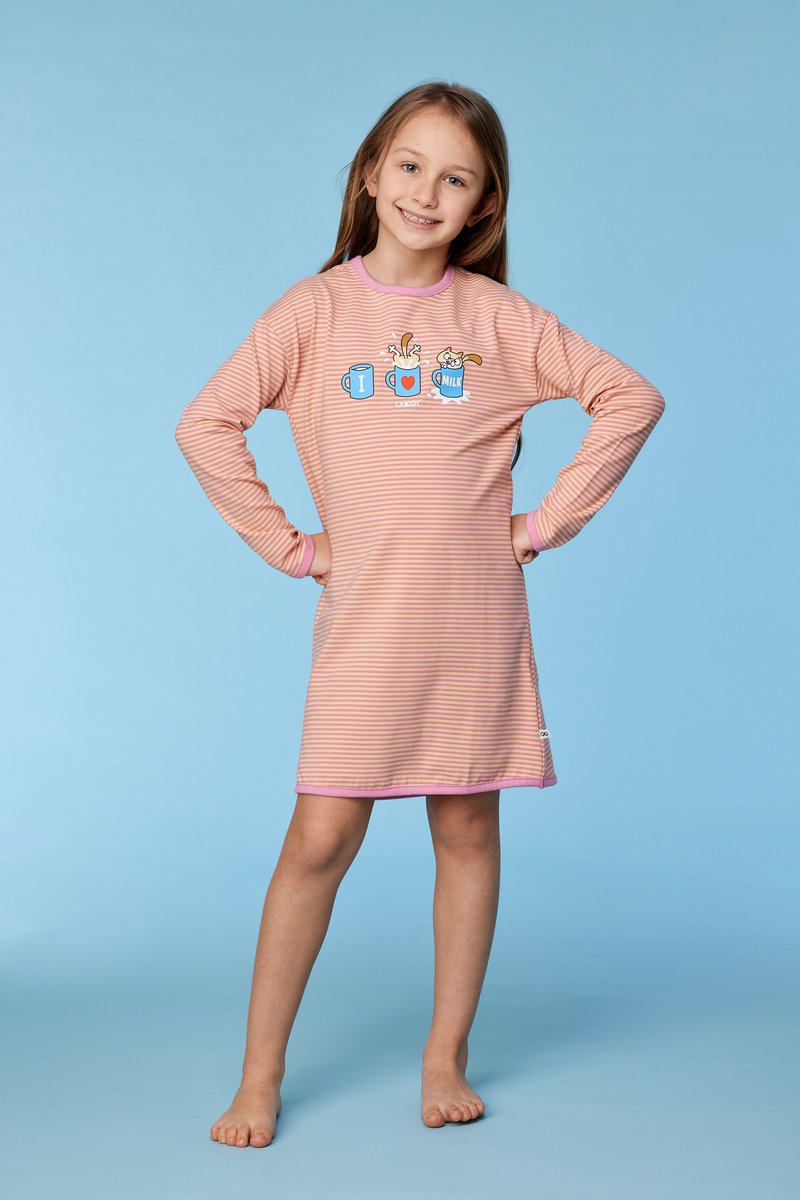 Woody slaapkleed meisjes - roze/geel gestreept - kat - 252-10-DZF-Z/927 - maat 104