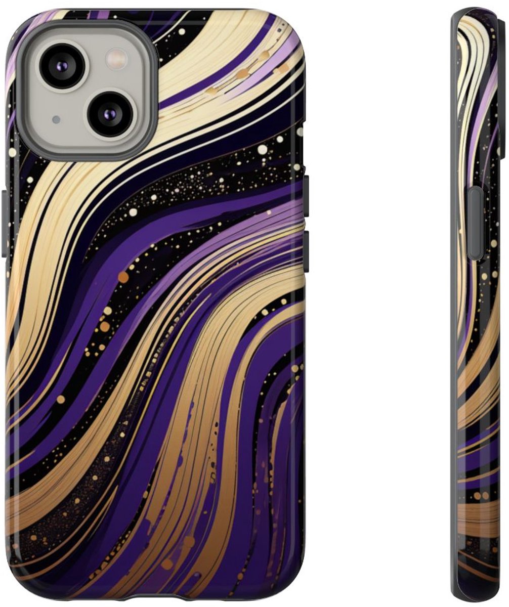 Paarse en Gouden Abstracte Krullen – Telefoonhoesje Geschikt voor iPhone 14