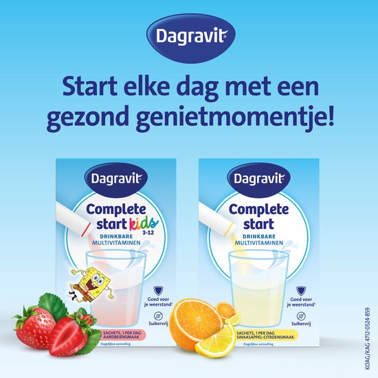 Dagravit Complete start kids drinkbare multivitaminen met aardbeiensmaak en Spongebob. Naast Spongebob in aardbeiensmaak, ook de variant in citroensmaak.
