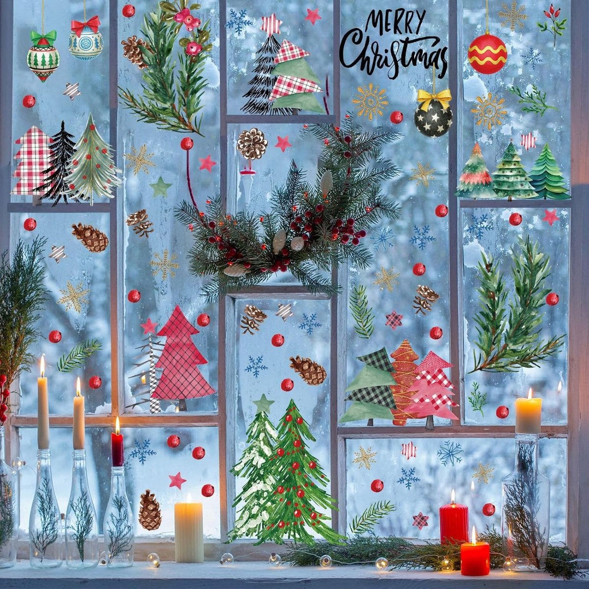 9 vellen kerststickers voor ramen, kerststickers voor ramen van glas, herbruikbare PVC kerststickers voor glas, kerstversieringen voor winterse nieuwjaarsramen - Cyslmuk®