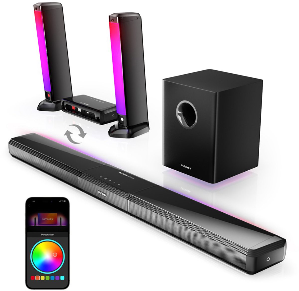 Ultimea Apollo S80 5.1 Soundbar, slimme app-bediening, dynamische lichteffecten, RGB-licht- en helderheidsaanpassing, 121 vooraf ingestelde EQ-matrices, afneembaar ontwerp