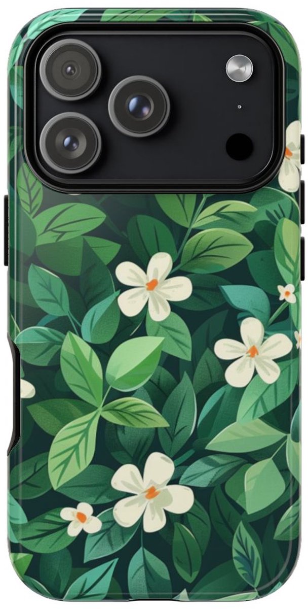Groene Bladeren en Witte Bloemenpatroon – Telefoonhoesje Geschikt voor iPhone 17 Pro