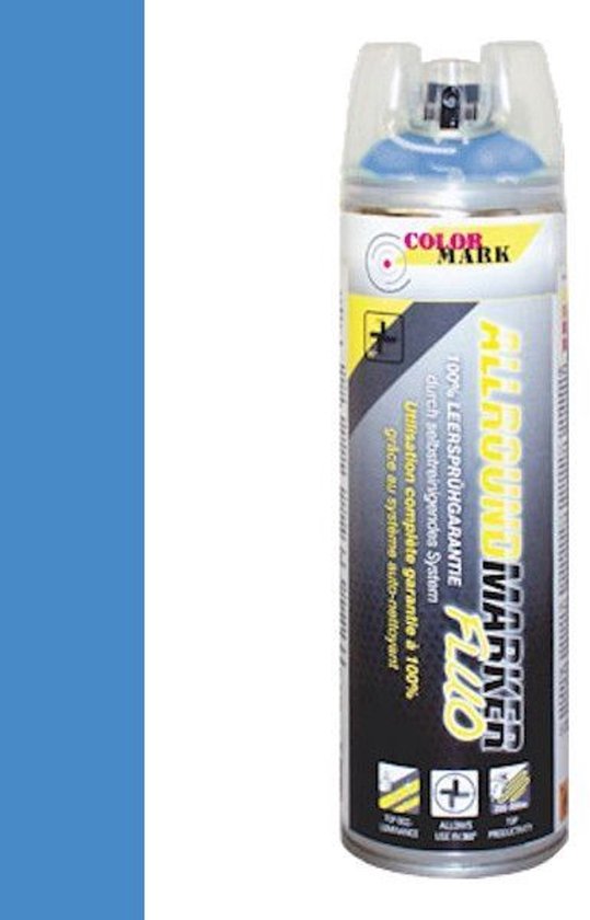 Spuitbus met de tekst 'COLOR MARK ALLROUND MARKER FLUO', helder blauw met zwart en geel accenten. 500 ml.