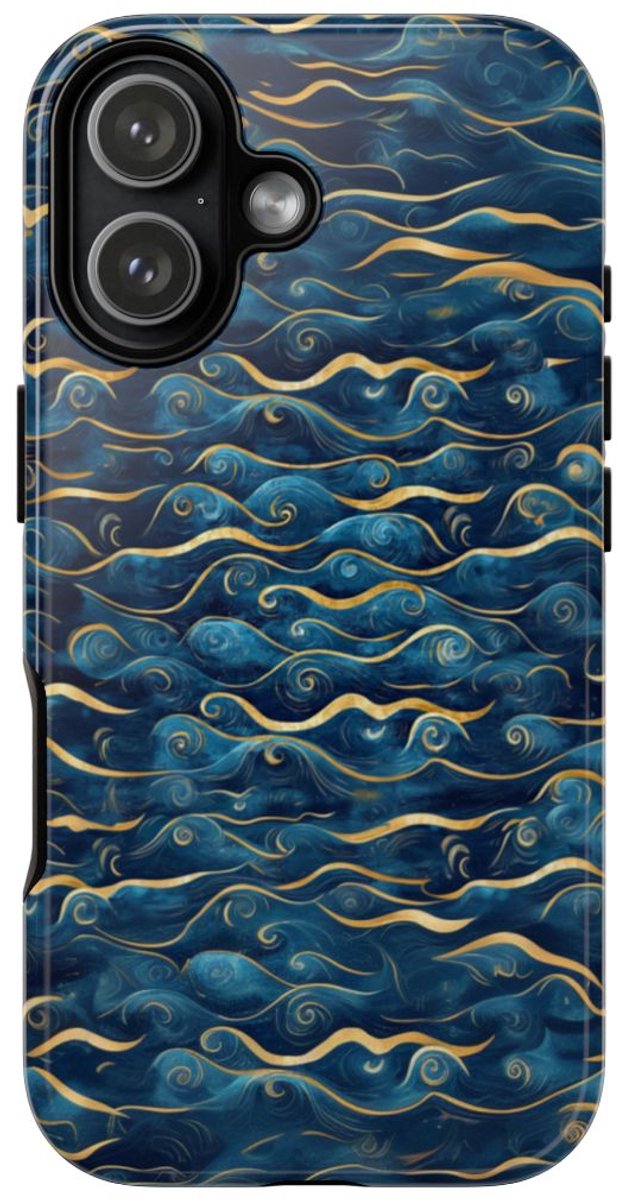 Blauw-Gouden Golfpatroon – Glanzend Stevig Telefoonhoesje Geschikt voor iPhone 17