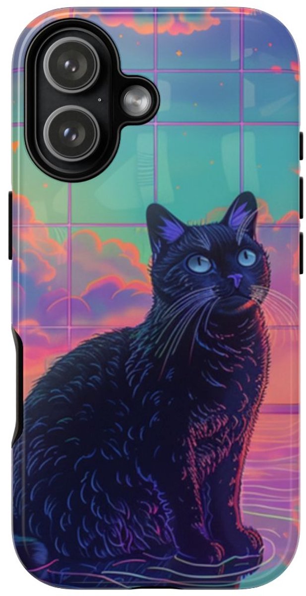 Zwarte Kat met Neonlucht Reflectie – Telefoonhoesje Geschikt voor iPhone 17