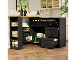 Uitschuifbare Bar met Opslagruimte (138-204×39×105 cm) - Keukenkast, Sideboard met Snackplank, Uitschuifbare Bartafel, Sta-tafel Bistrotafel Hoge Tafel Keukeneiland, Zwart