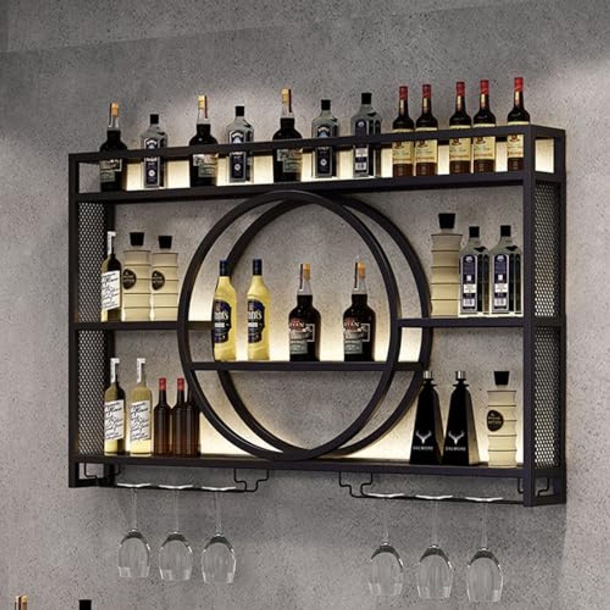 Wijnrek Muurmontage met LED Verlichting en Glazenhouder - Zwart, 47,2 Inch