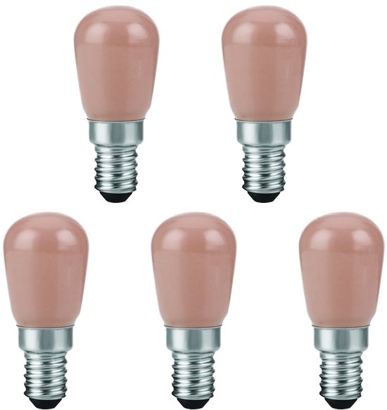 Vijf roze-achtige E14 LED lampen met metalen schroefdraad, gerangschikt in twee rijen.