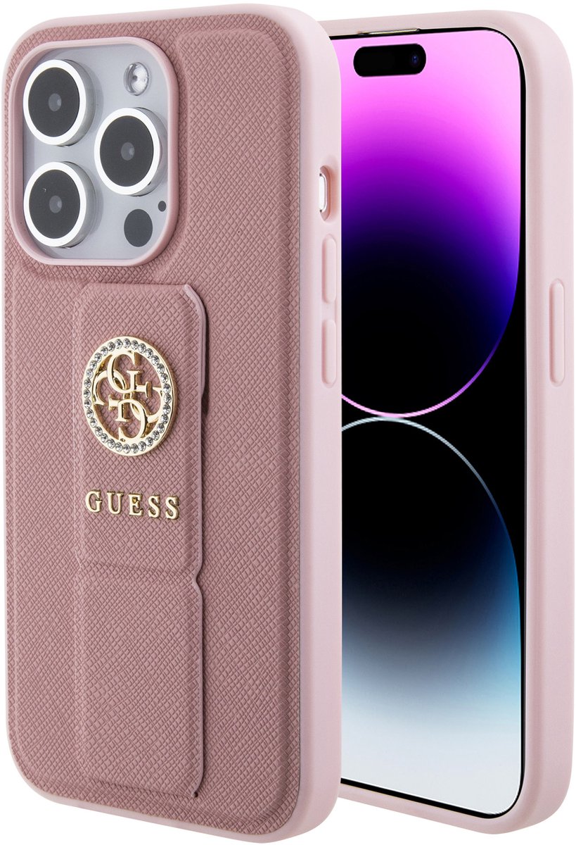 Guess Back Cover voor iPhone 15 Pro - Roze - Saffiano Textuur - Strass Metal Logo