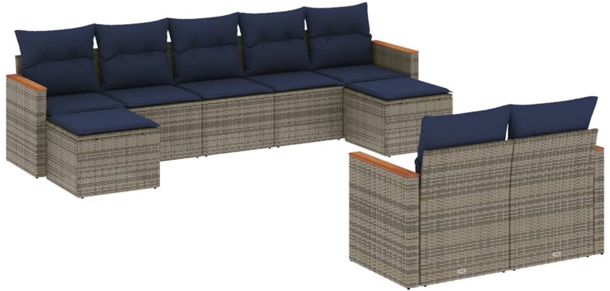 vidaXL - 9-delige - tuinbankset - met - kussens, - grijs - polyrotan