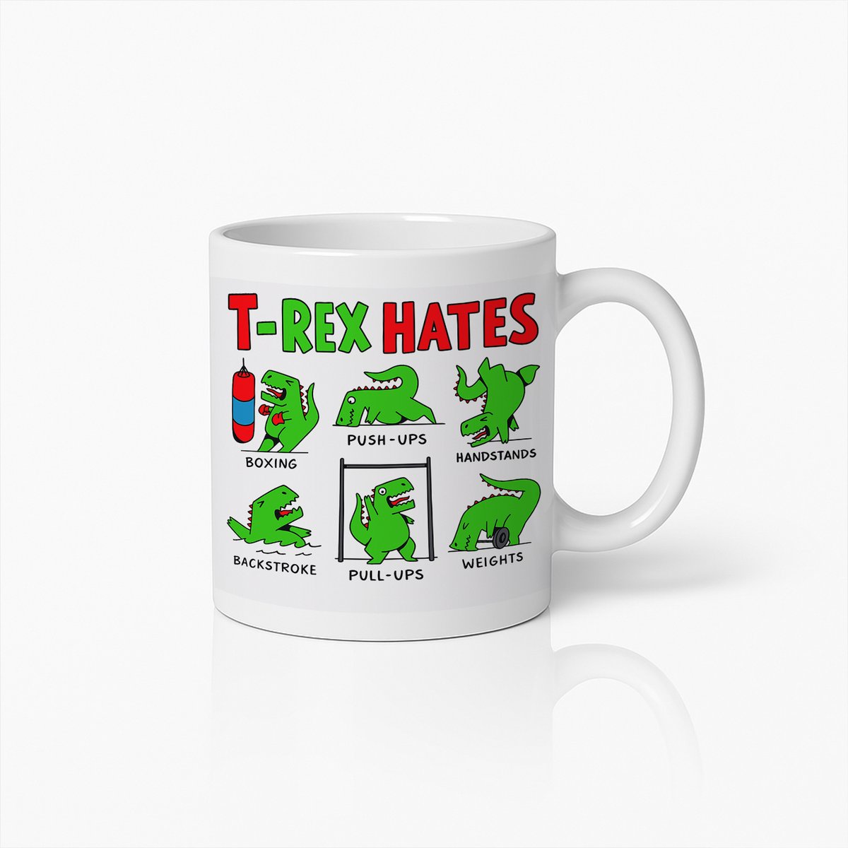 Witte Mok 330ml – Grappige “T-Rex Hates” Dinosaurus Cartoon Workout Koffiebeker