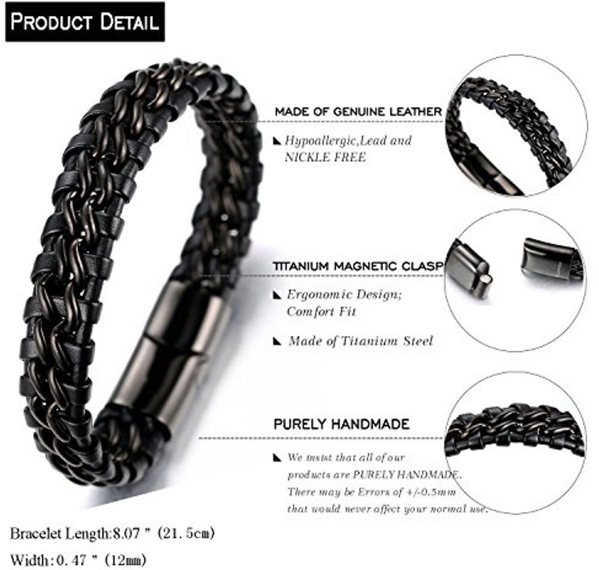 HALUKAKAH ● Solo Zilver-Eer Goud-Nachtwacht Zwart ● Mannen Echt Leder Armband Titanium Dubbele Ketting Magnetische Sluiting 21.5-23cm met Gratis Geschenkdoos