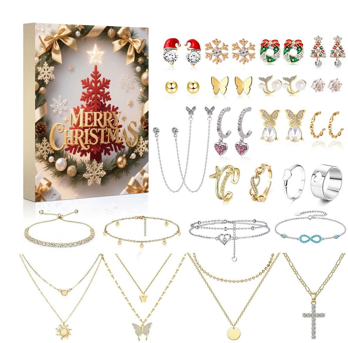 Kerst adventskalender met oorbellen-armbandenset voor meisjes - Venkuber.