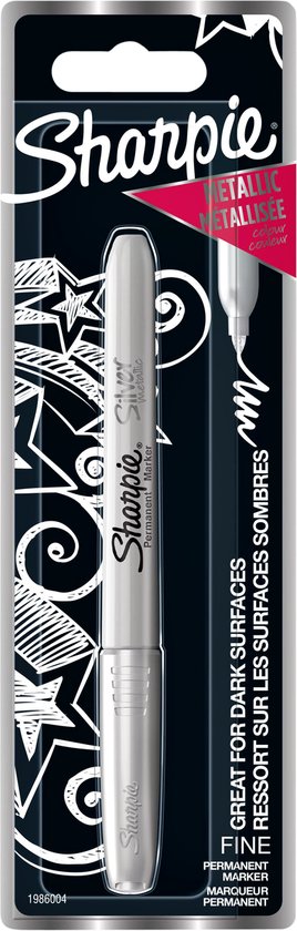 Verpakking van een zilverkleurige Sharpie metallic permanente marker met fijne punt, voor donkere oppervlakken.