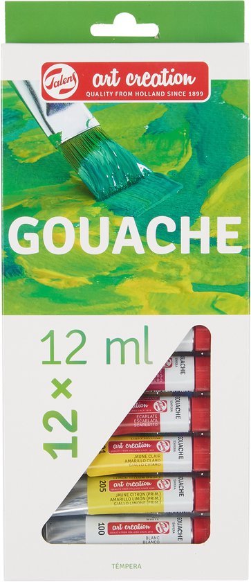 Doos met 12 tubes gouache van Talens Art Creation, 12 ml per stuk.