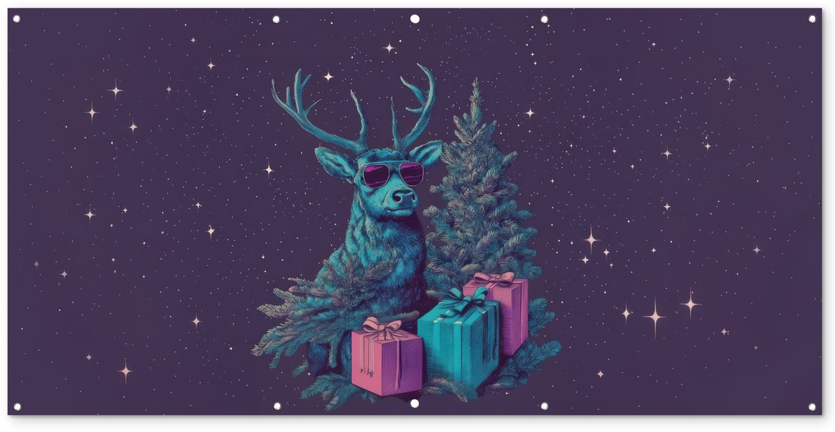 Tuinposter 200x100 cm met Kerstrendier in neon zonnebril bij kerstboom, ideaal voor tuindecoratie en schutting muurdecoratie.