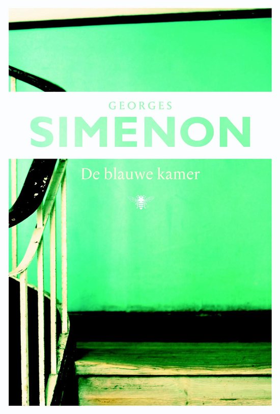 Couverture du livre "De blauwe kamer" de Georges Simenon, avec un fond turquoise et une icône de abeille argentée.