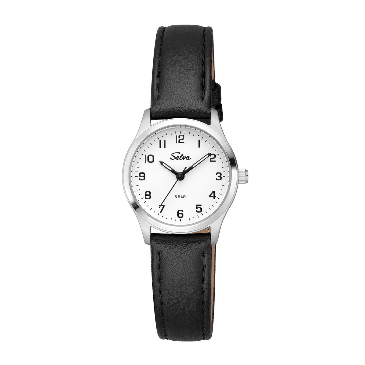 SELVA dames quartzhorloge, roestvrijstalen kast, leren band, gesp, 5 bar