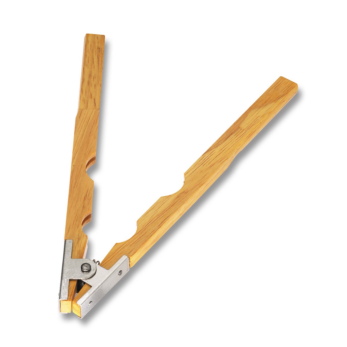 Ringtang, van hout, voor het vasthouden van ringen tijdens het inwendig polijsten, met twee verschillende uitsparingen, voor alle gangbare ringmaten, 200 mm