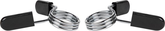 Twee veerclipsluitingen met zilverkleurige metalen veren en zwarte handvatten.