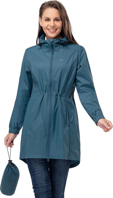 33,000ft Dunne waterdichte opvouwbare damesregenjas met capuchon, licht ademend, reis-regenponcho, lange windbreaker voor dames, barnsteen, L