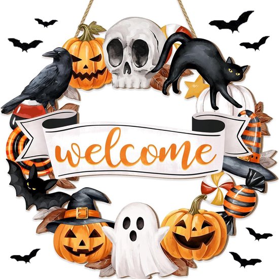 Halloween Deurkrans Houten Decoratie – Zwarte Kat, Pompoen, Schedel & Spook Design – Welcome Houten Bord – Heksenkrans voor Voordeur, Muur & Tuin – Halloween Versiering Party Decor