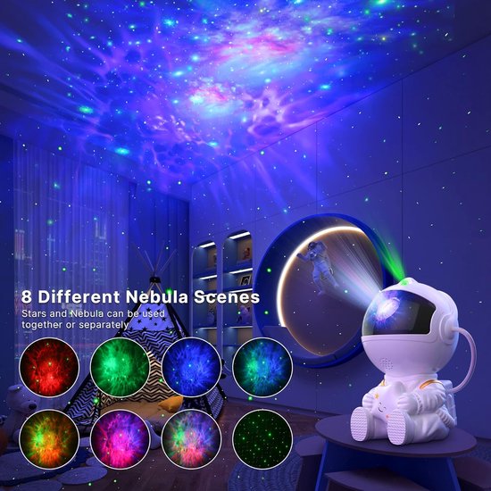 Sterrenhemel projector astronaut, Galaxy LED-projector kinderen met 8 modi & 360° rotatie, sterrenprojector/planetarium nachtlampje, afstandsbediening & timer, cadeau voor kinderen en volwassenen van Merkloos — afbeelding 2