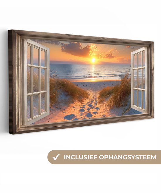 Een doorkijkje door twee openstaande ramen naar een strand bij zonsondergang. Voorkant met tekst 'Inclusief ophangsysteem'.
