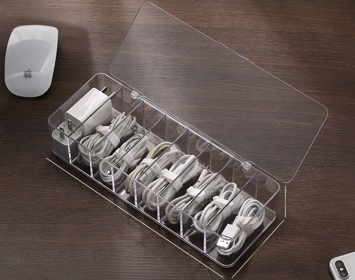 QTTVBTNA -Kabel Organizer Doos – 8-Vaks Opbergbox met Deksel – Inclusief 10 Kabelbinders – Stevig PP Materiaal – Multifunctionele Opbergdoos voor Thuis & Kantoor