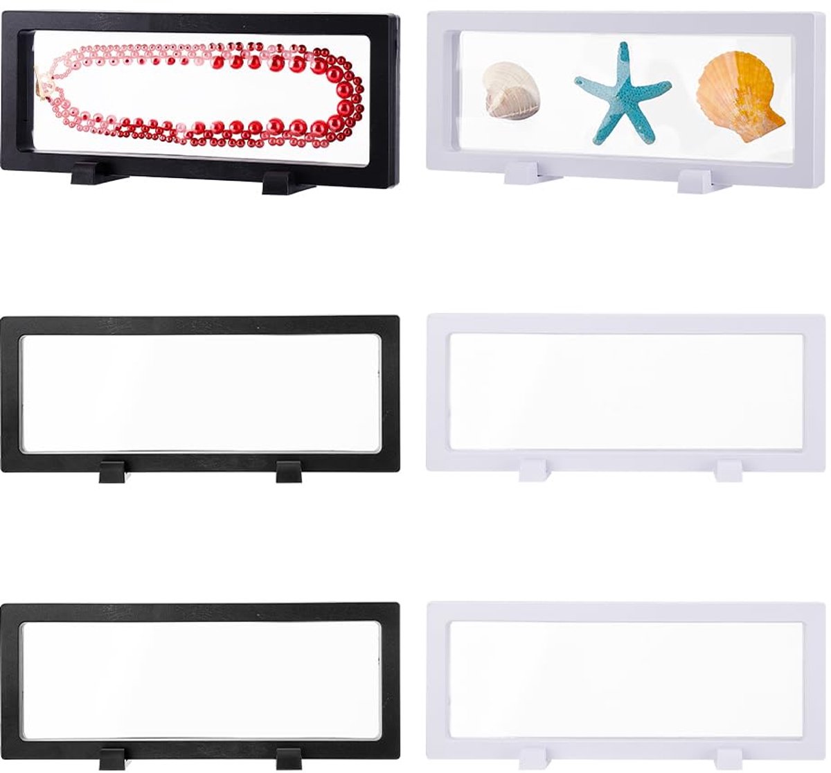 6 Pcs Floating Display Case 3D Floating Frame Display Box Transparent Display Stand Holder, 9.1 x 3.6 x 0.8 Inch Jewelry Storage Box for Shell Chain Bracelet Watch, White-Black
