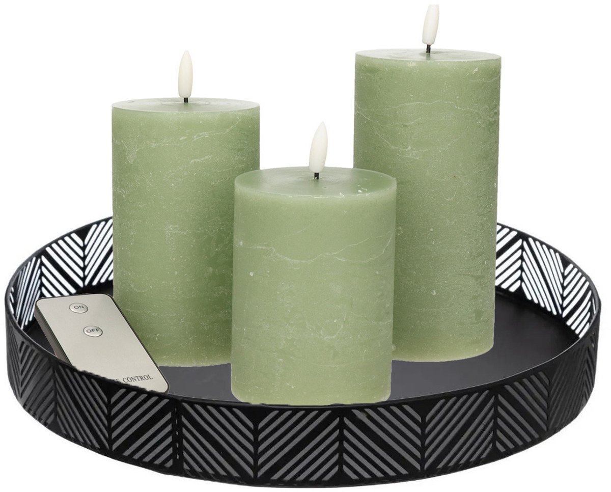 Anna's Collection Anna Collection LED kaarsen - 3x stuks - jade groen - met zwart rond dienblad - kaarsenbord - D29 cm - metaal